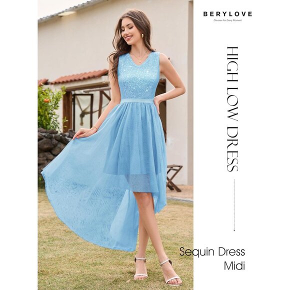 BeryLove Women Tulle Lightblue Chiffon Scoop Neck Sleeveless Cocktail Dresses - Picture 4 of 7